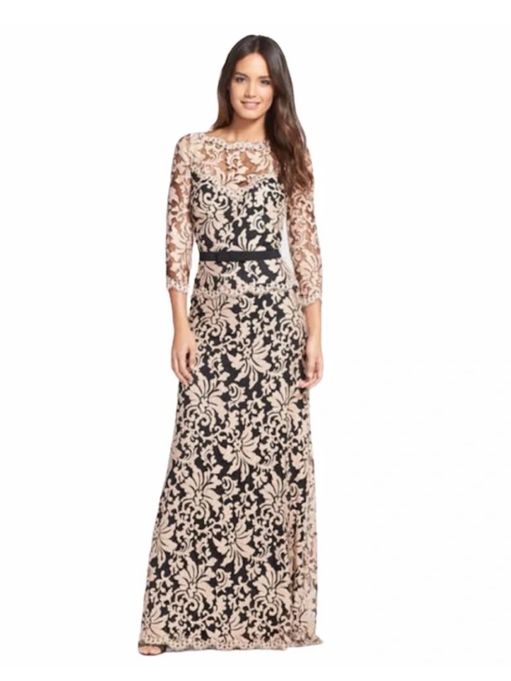 Elegant Black and Nude Lace Evening Gown